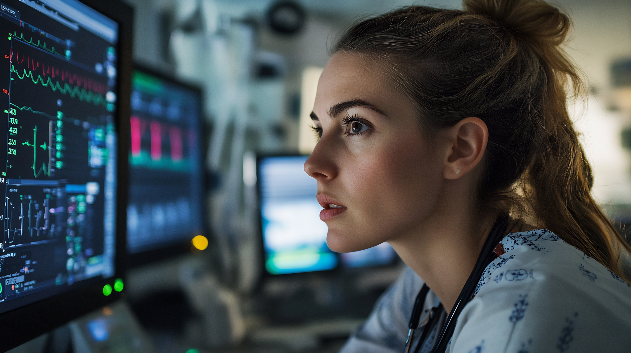 Ärztin analysiert Kurven und EKG-Daten am Monitor